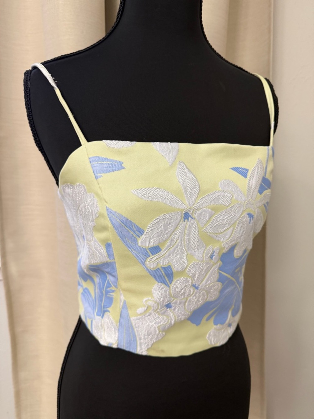 Pink Lily Yellow and Blue Floral Embroidered Spaghetti Strap Crop Camisole
